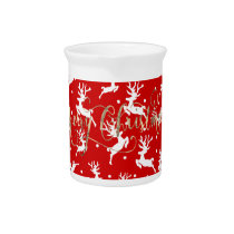 Merry Christmas Reindeers Red  Beverage Pitcher