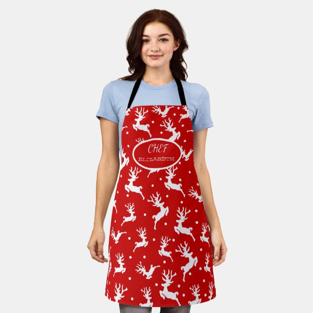 Merry Christmas Reindeers Red Holiday Apron (Worn)