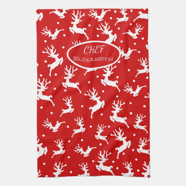 Merry Christmas Reindeers Red Holiday Kitchen Towel (Vertical)