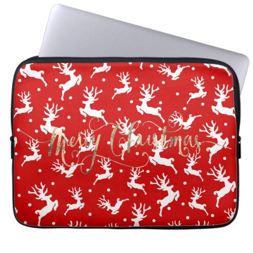 Merry Christmas Reindeers Red Laptop Sleeve