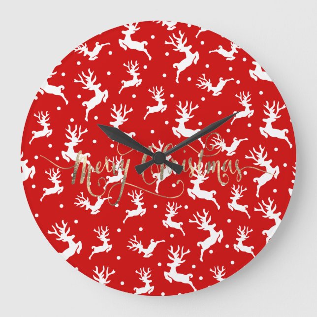 Merry Christmas Reindeers Red   Large Clock (Front)