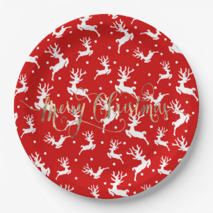 Merry Christmas Reindeers Red Paper Plates