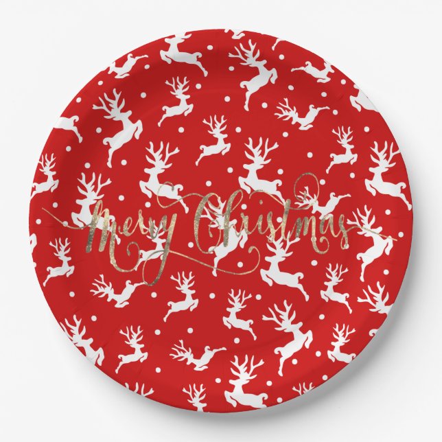 Merry Christmas Reindeers Red   Paper Plates (Front)