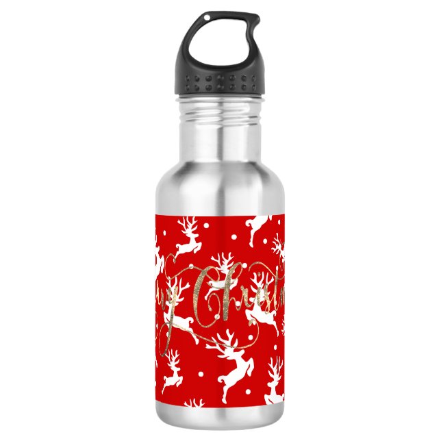 Merry Christmas Reindeers Red Stainless Steel Water Bottle (Front)