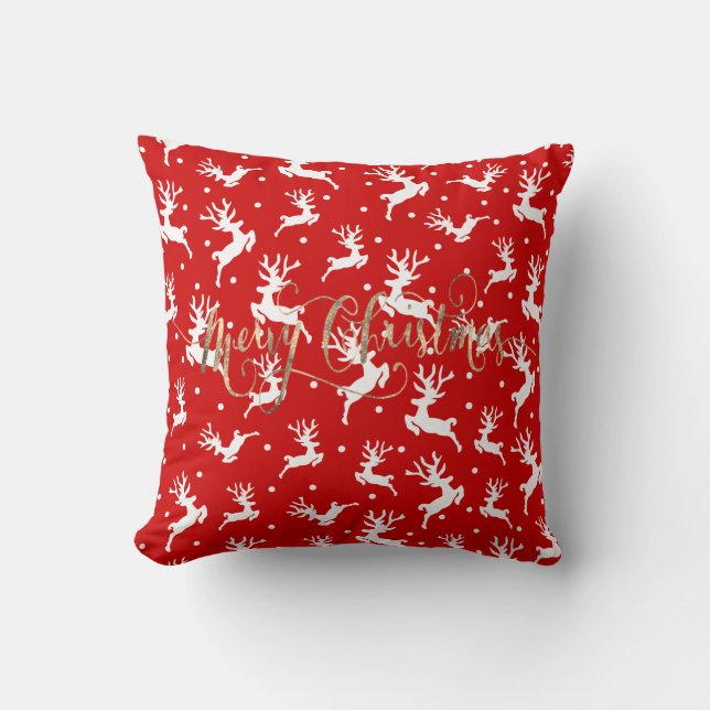 Merry Christmas Reindeers Red Throw Pillow (Front)