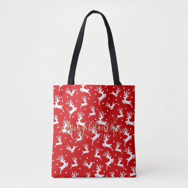 Merry Christmas Reindeers Red  Tote Bag (Front)