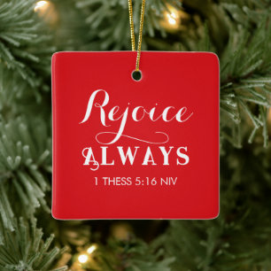 Merry Christmas Rejoice in the Lord Red and White Ceramic Ornament
