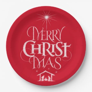 Merry Christmas Religious Calligraphy Chalk Red Paper Plate