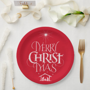 Merry Christmas Religious Calligraphy Chalk Red Paper Plates