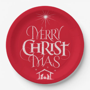 Merry Christmas Religious Calligraphy Chalk Red Paper Plates
