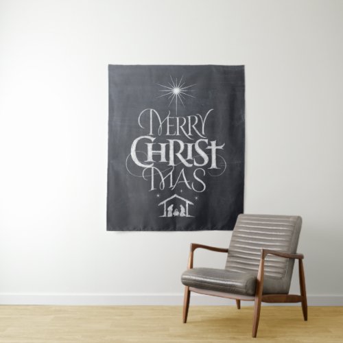 Merry Christmas Religious Calligraphy Chalkboard Tapestry