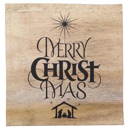 Merry Christmas Religious Calligraphy Rustic Wood Cloth Napkin