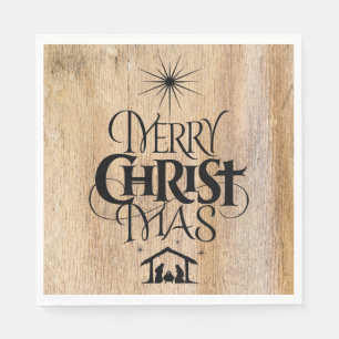 Merry Christmas Religious Calligraphy Rustic Wood Napkins