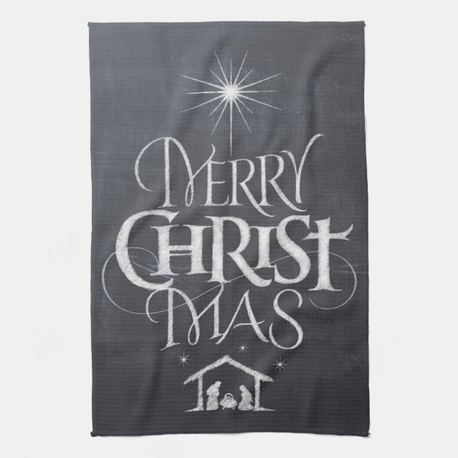 Merry CHRISTmas Religious Chalkboard Calligraphy Kitchen Towel (Vertical)