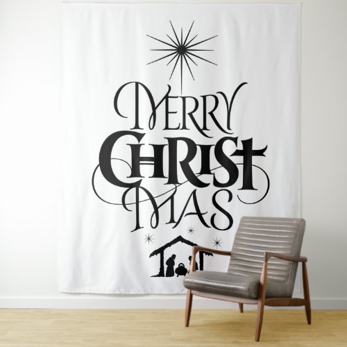 Merry CHRISTmas Religious Christian Black White Tapestry