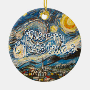 Merry Christmas repainted Starry Night Van Gogh Ceramic Ornament