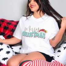 Merry Christmas Retro 80's Font Santa Hat Blue Red