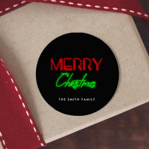 Merry Christmas Retro 80s Neon lights Classic Round Sticker