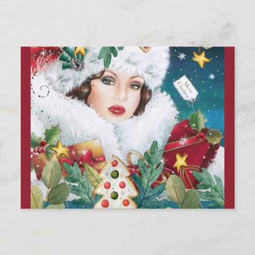 Merry Christmas Retro Art Deco Lady Postcard