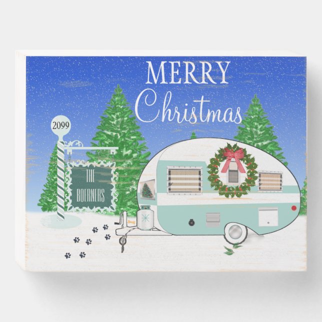 Merry Christmas Retro Camper Trailer Family Wooden Box Sign (Front Horizontal)