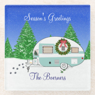 Merry Christmas Retro Camper Trailer Glass Coaster