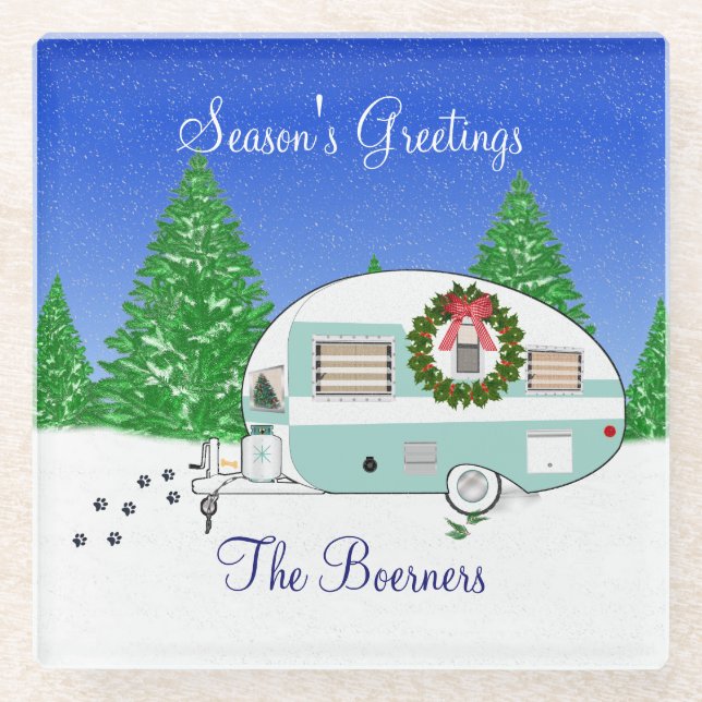 Merry Christmas Retro Camper Trailer Glass Coaster (Front)