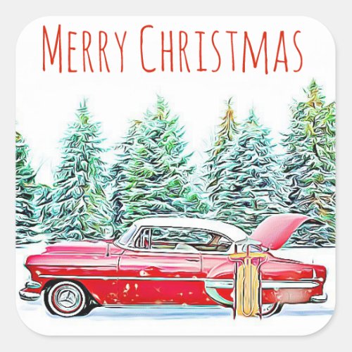 Merry Christmas Retro Car and Sled Wintery Square Sticker