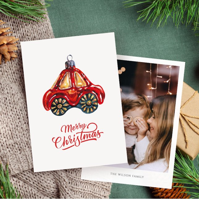 Merry Christmas Retro Car Ornament Photo Holiday Card (Creator Uploaded)