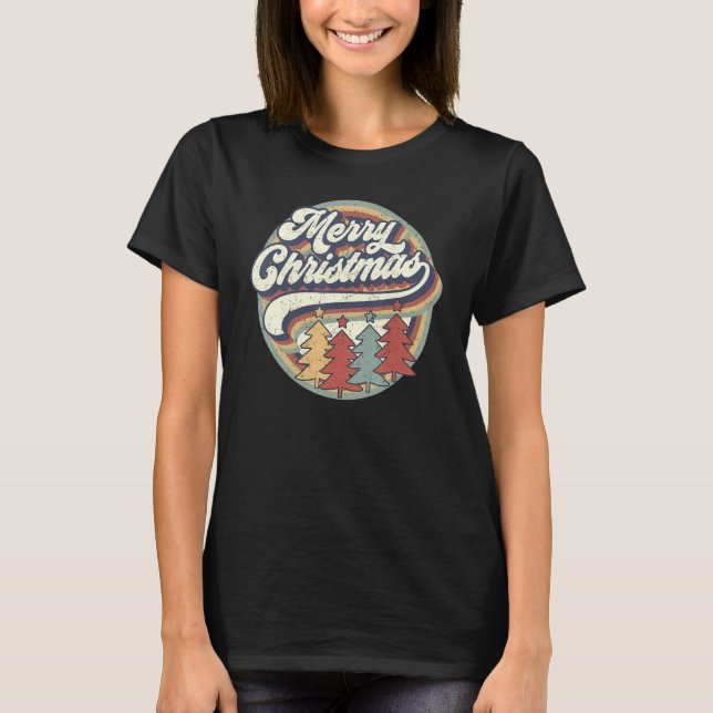 Merry Christmas Retro Christmas Tree Christmas Fam T-Shirt (Front)