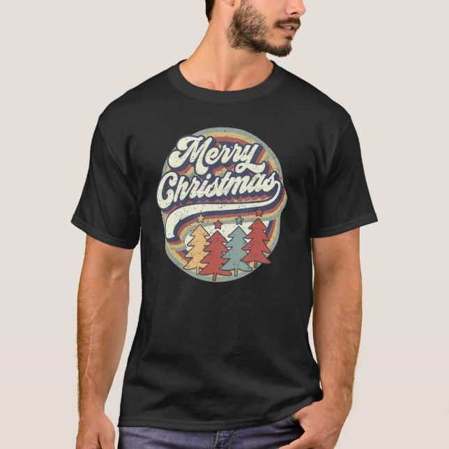Merry Christmas Retro Christmas Tree Christmas Fam T-Shirt (Front)