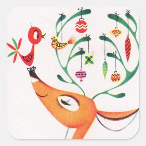 Merry Christmas  Retro Decorated Reindeer Square Sticker