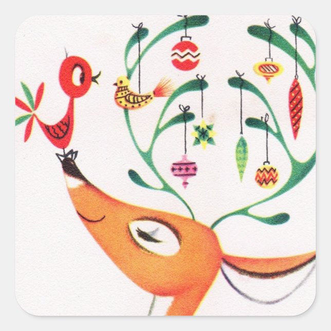Merry Christmas | Retro Decorated Reindeer Square Sticker (Front)