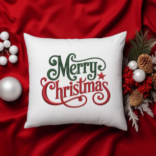 Merry Christmas Retro Embroidery Typography Throw Pillow