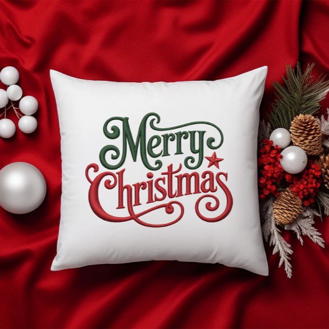 Merry Christmas Retro Embroidery Typography Throw Pillow (Creator Uploaded)