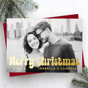 Merry Christmas retro font add name deep red photo Foil Holiday Card