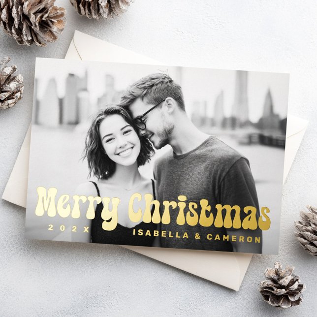 Merry Christmas retro font name year photo Foil Holiday Card (Merry Christmas retro font name year photo Foil Holiday Card)