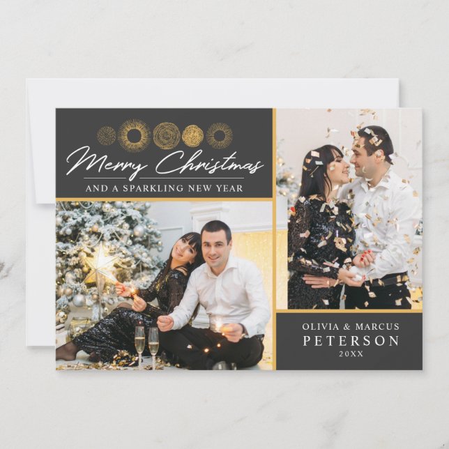 Merry Christmas Retro Gold Burst Photo Greeting Holiday Card (Front)