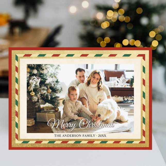 Merry Christmas Retro Gold Red Stripes Frame Photo Holiday Card (Creator Uploaded)