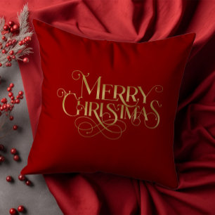 Merry Christmas Retro Gold Typography on Red Throw Pillow