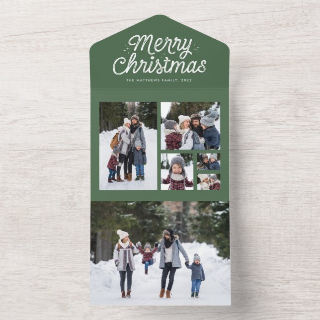 Merry Christmas retro green photo collage holiday All In One Invitation (Inside)