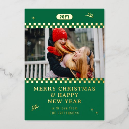 Merry Christmas Retro Green Photo Personalized Foil Holiday Card