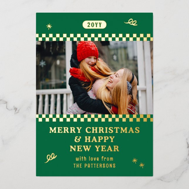 Merry Christmas Retro Green Photo Personalized Foil Holiday Card (Front)