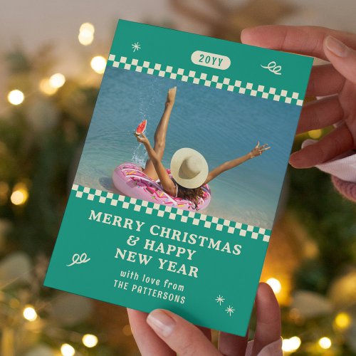Merry Christmas Retro Green Photo Personalized Holiday Card