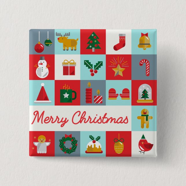 Merry Christmas Retro Holiday Icon Patchwork Button (Front)
