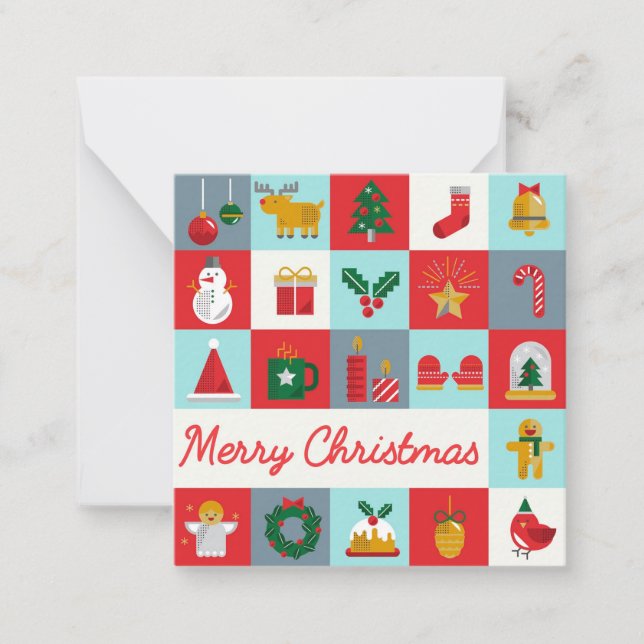 Merry Christmas Retro Holiday Icon Patchwork Note Card (Front)