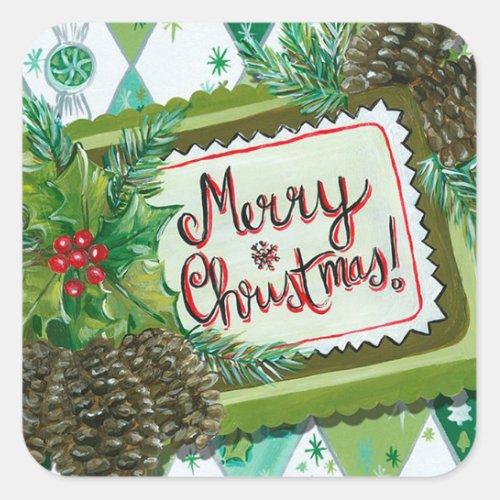 Merry Christmas  Retro Holly  Pine Cones Square Sticker