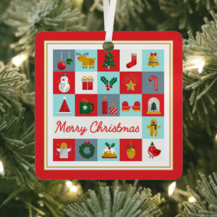 Merry Christmas Retro Icon Grid in Red and Aqua Metal Ornament