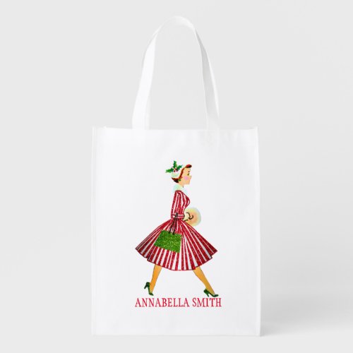 Merry Christmas  retro lady Grocery Bag