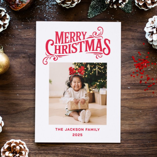 Merry Christmas retro lettering 1 picture holiday Letterpress Photo Cards (Creator Uploaded)