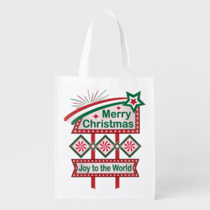 Merry Christmas Retro Marquee – Joy to the World Grocery Bag